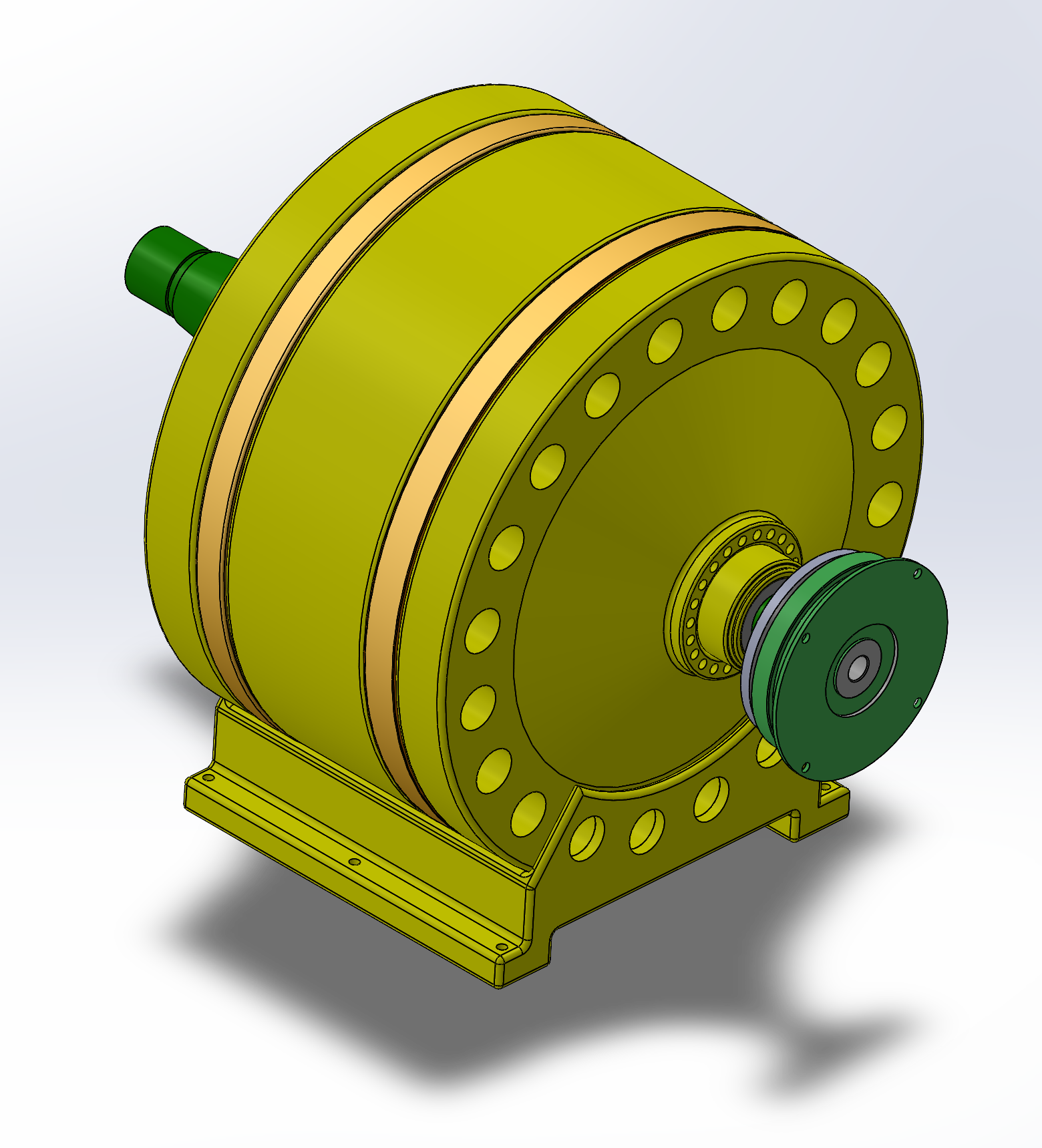 A detailed CAD assembly of the two-stage planetary gear train, illustrating the specific planet counts and geometry used to manage high torque loads.